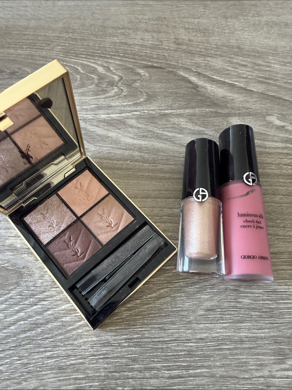 Giorgio Armani Cheek Tint 62 Champagne Shimmer 67 YSL Couture Eye Shadow 100